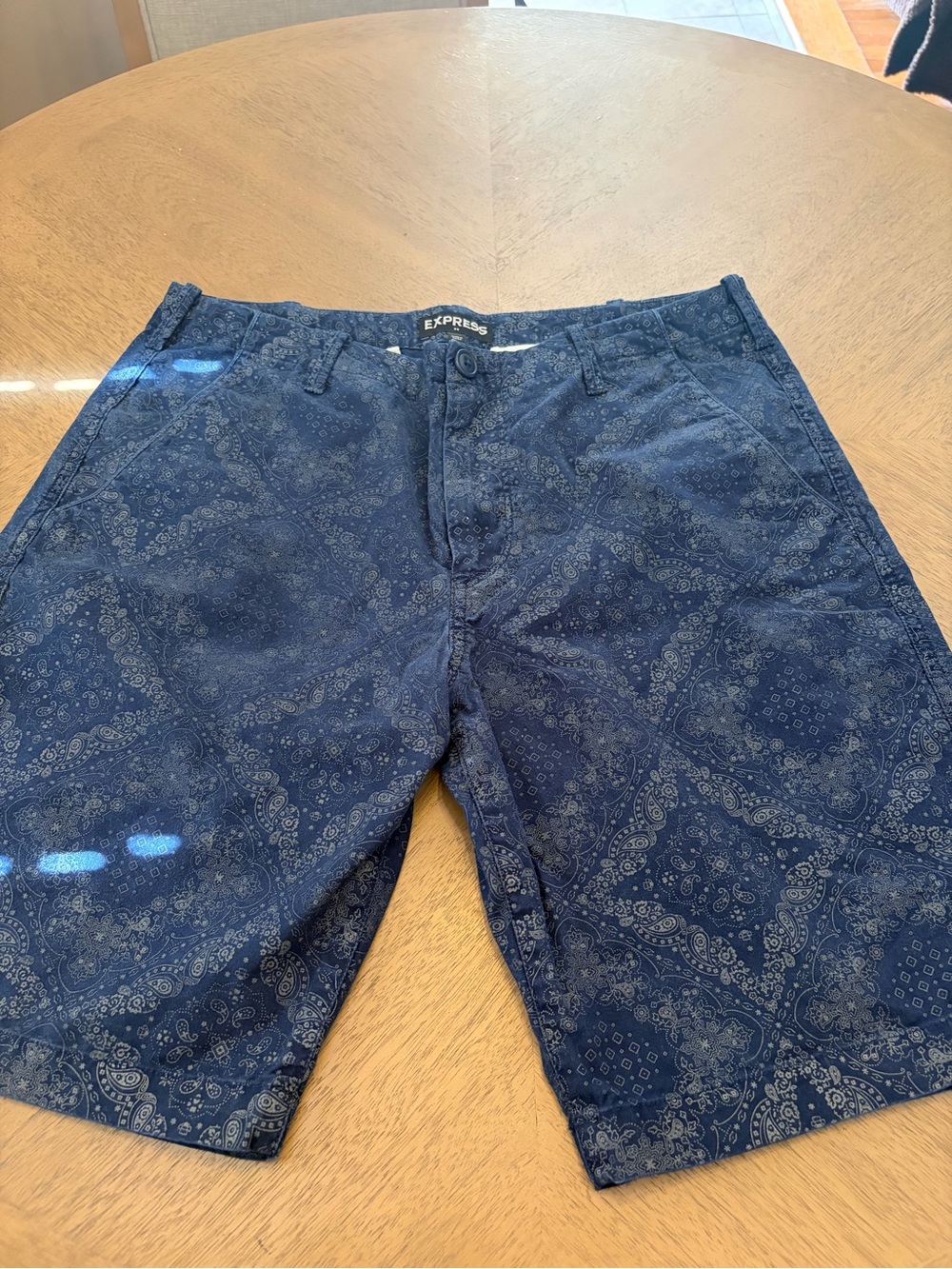 Express Navy Paisley Stretch Flat-Front Shorts